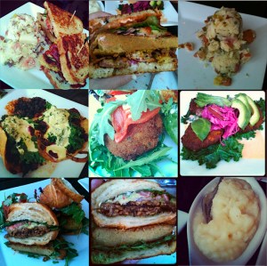 SAGE BISTRO! Top Row: Bistro Po' Boy with German Potato Salad, Close up of the Po' Boy, Close up of the Potato Salad. Middle Row: Root Vegetable Tacos, Mac and Cheese Ball, Quinoa Corn Cake. Bottom Row: Pesto Croissant Club Sandwich, Close up of the sandwich, Mashed Potatoes. Photo credit: SuperVegan. Photo by: Andrea Wachner.